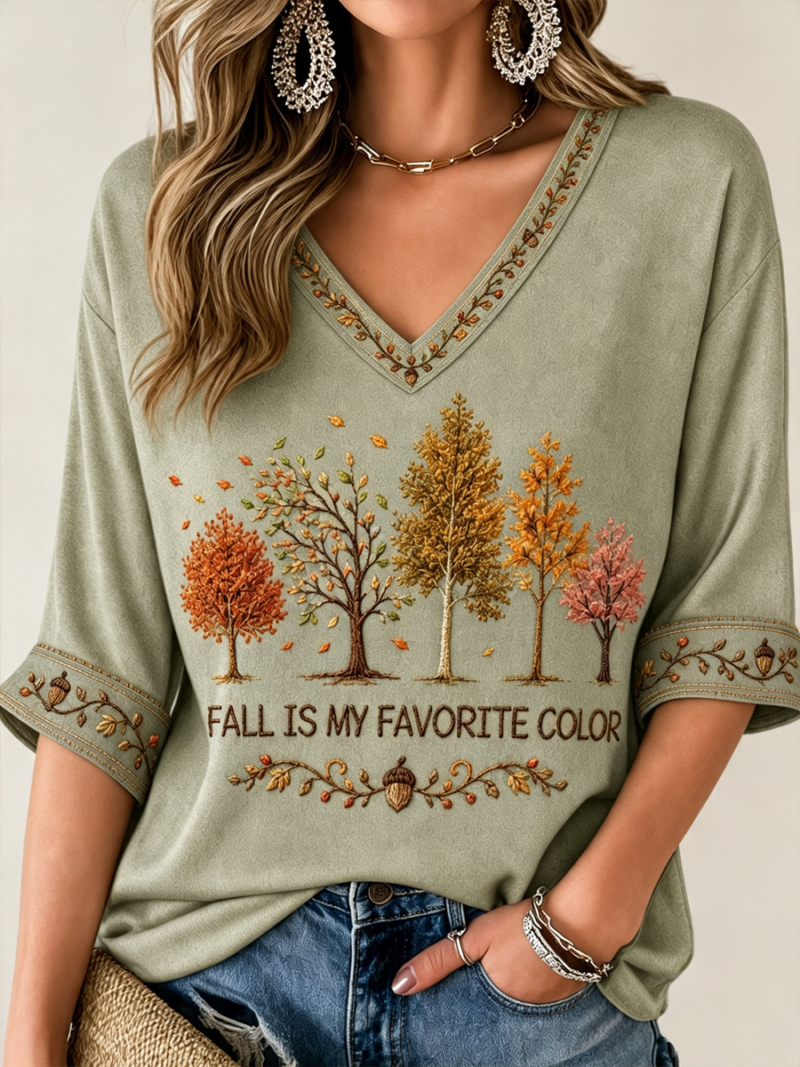 Camiseta feminina de outono, minha cor favorita, comprimento médio, mangas longas e gola em V