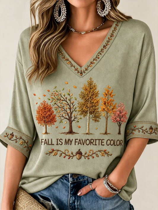Camiseta feminina de outono, minha cor favorita, comprimento médio, mangas longas e gola em V