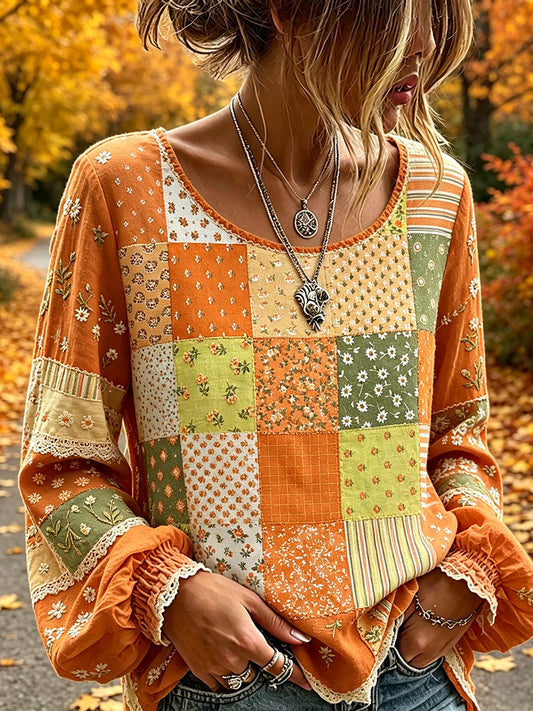 Outono Floral Patchwork impressão algodão-linho camisa das mulheres