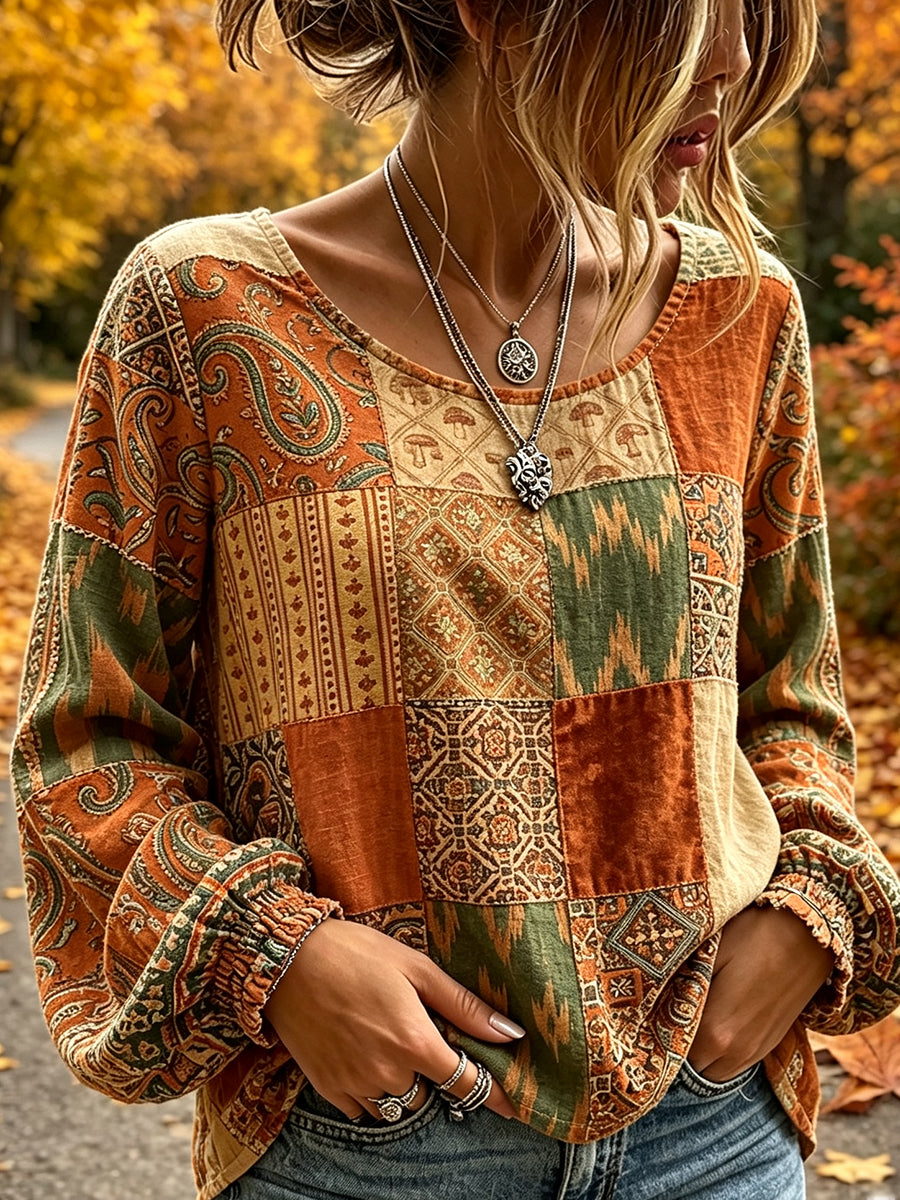 Camisa feminina vintage de outono em algodão-linho com estampa étnica em patchwork