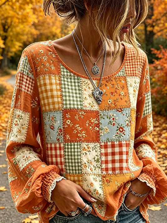Camisa feminina de outono estilo cottagecore, em algodão e linho, com estampa em patchwork
