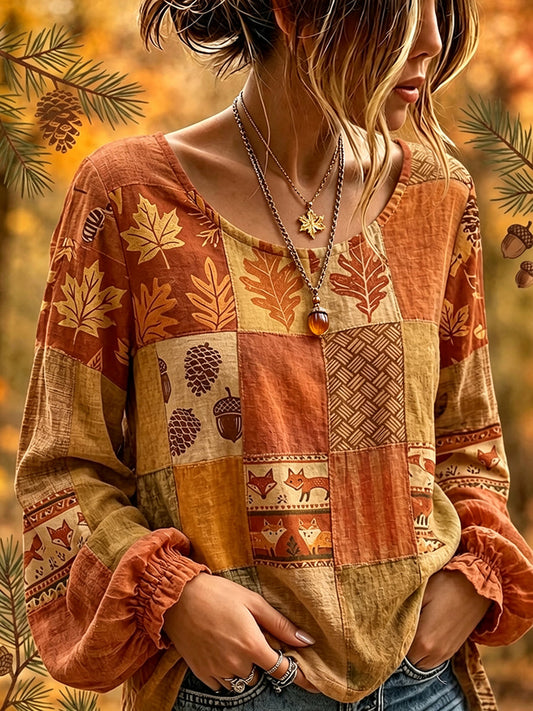 Cottagecore outono Patchwork impressão algodão-linho camisa das mulheres