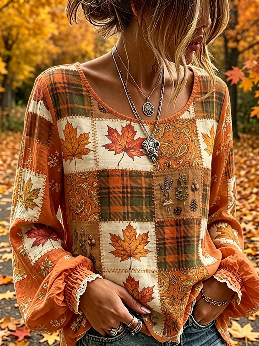 Vintage outono Maple Leaf Patchwork impressão algodão-linho camisa do mulheres