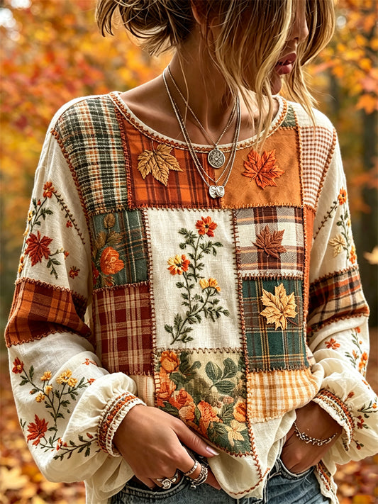 Camisa feminina vintage de outono em algodão-linho, com estampa floral e retalhos em blocos de cor, inspirada nas folhas caídas