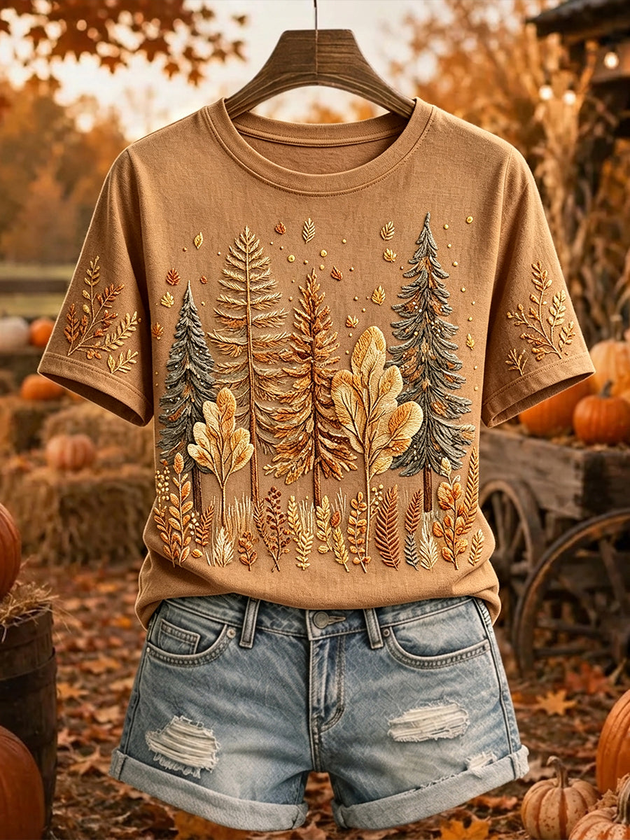 Árvores de queda Vintage feminino imprime camiseta de manga curta