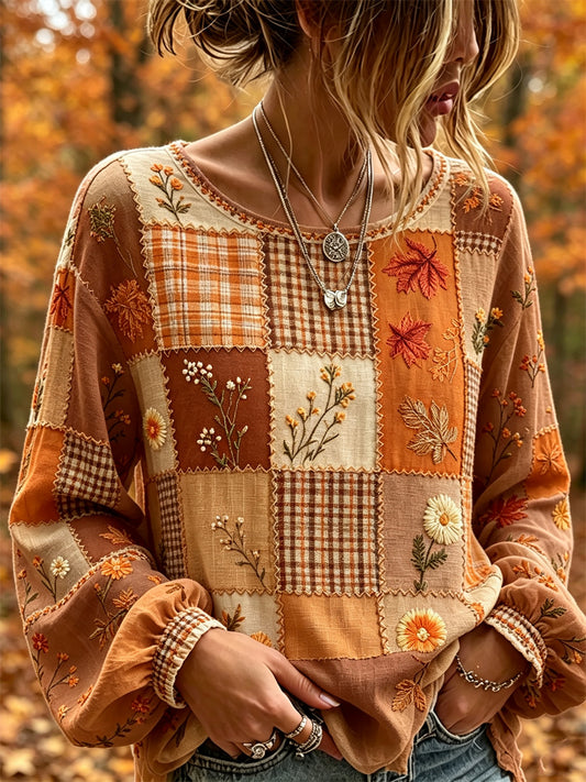 Camisa feminina vintage de outono em algodão-linho, com estampa floral e retalhos em blocos de cor, inspirada nas folhas caídas
