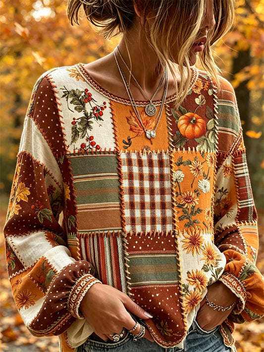 Abóbora queda Vintage feminino caído folhas Floral Colorblock Patchwork Imprimir camisa de algodão-linho