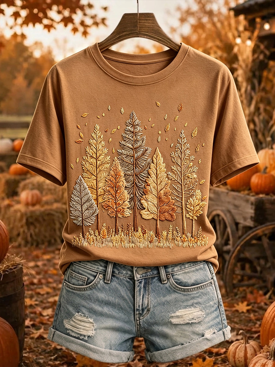 Camiseta feminina vintage de outono com estampa de árvores e mangas curtas