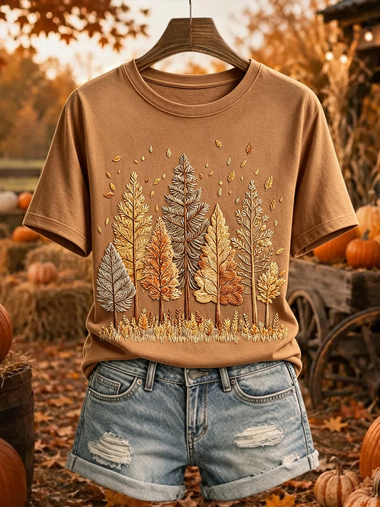 Camiseta feminina vintage de outono com estampa de árvores e mangas curtas