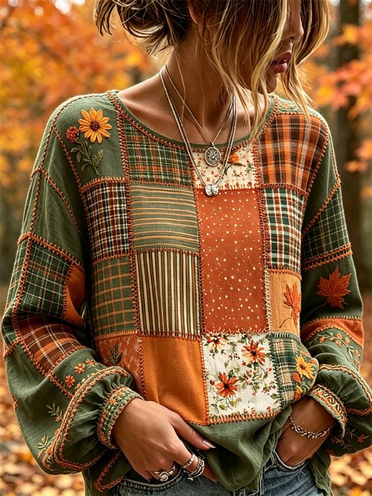 Vintage queda do mulheres caído folhas Floral Colorblock Patchwork impressão algodão-linho camisa