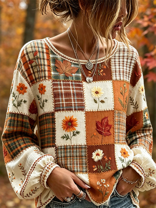 Camisa feminina vintage de outono em algodão-linho, com estampa floral e retalhos em blocos de cor, inspirada nas folhas caídas