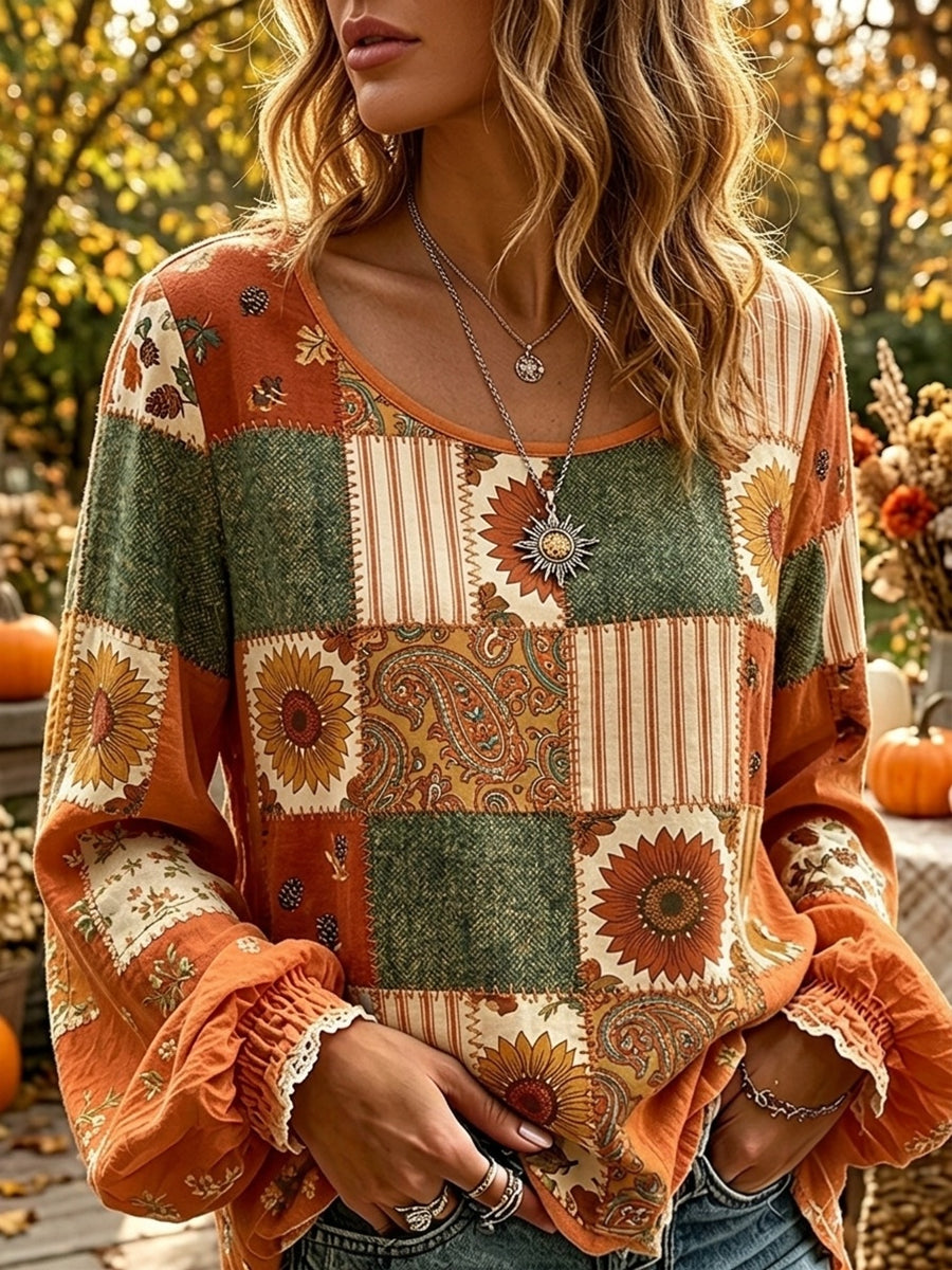 Mulheres elegante queda Floral Patchwork impressão algodão-linho camisa
