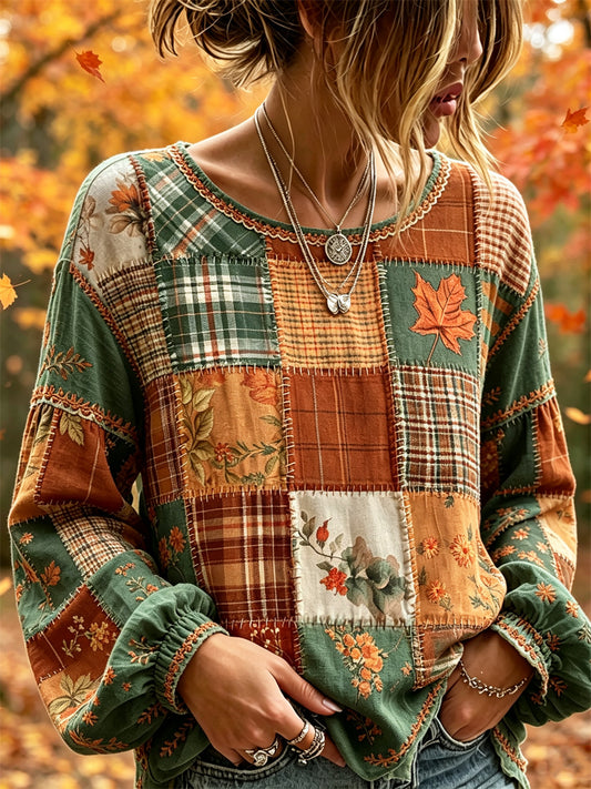 Camisa feminina vintage de outono em algodão-linho, com estampa floral e retalhos em blocos de cor, inspirada nas folhas caídas