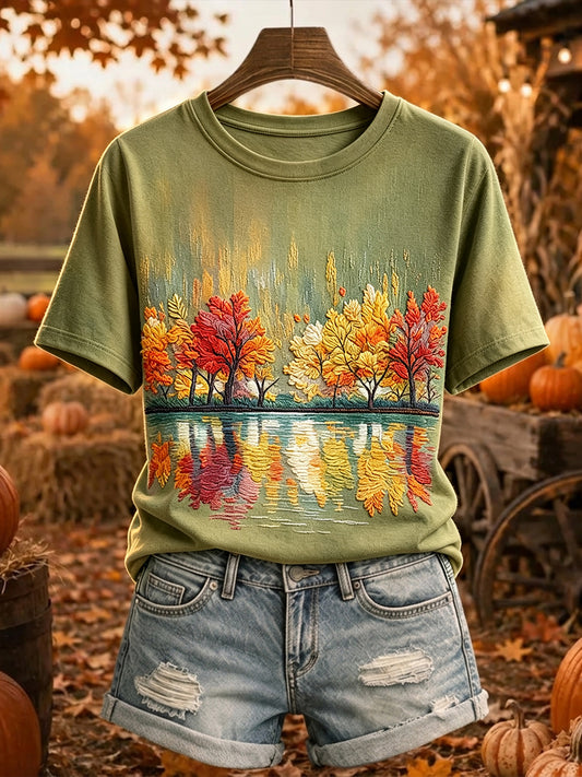 Camiseta feminina vintage de outono com estampa de árvores e mangas curtas