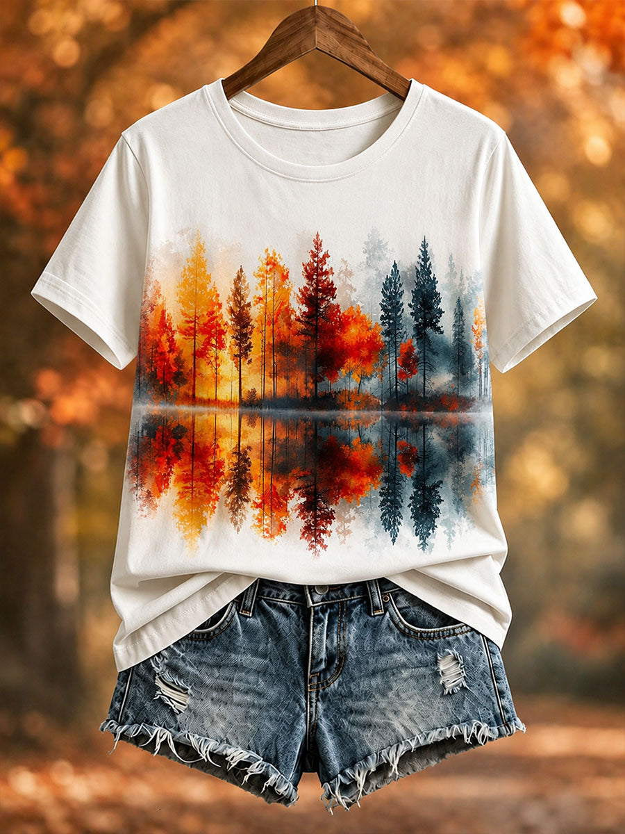 Camiseta de manga curta feminina com estampa de floresta outonal