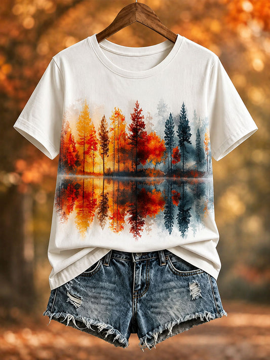 Camiseta de manga curta feminina com estampa de floresta outonal