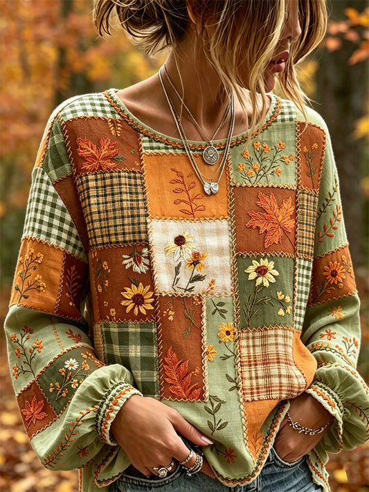 Camisa feminina vintage de outono em algodão-linho, com estampa floral e retalhos em blocos de cor, inspirada nas folhas caídas