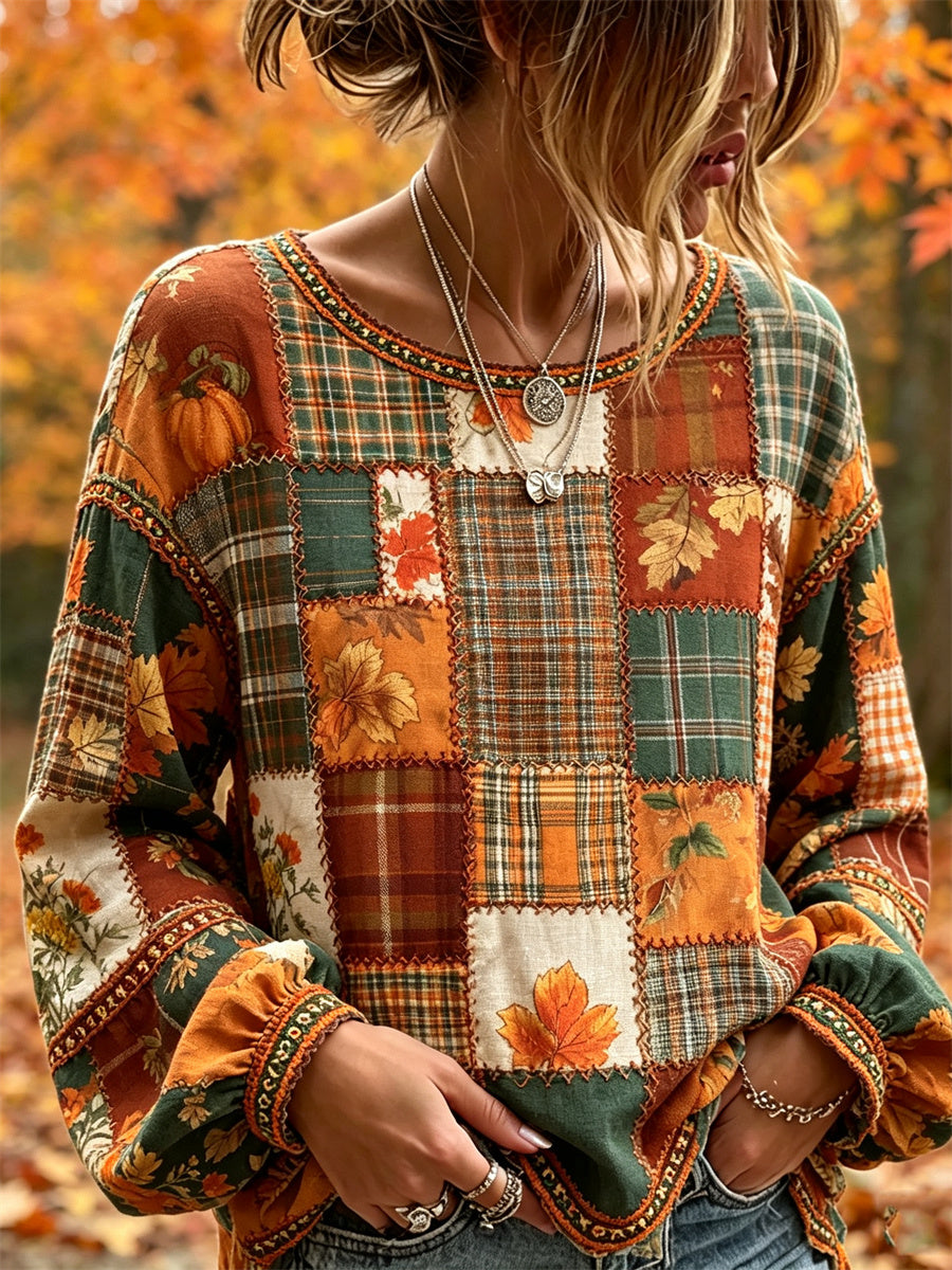 Queda Abóbora das mulheres Caído Deixa Floral Colorblock Patchwork Imprimir Camisa De Algodão-Linho