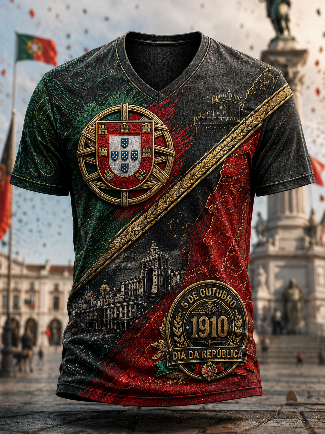 Camiseta V-Neck Masculina do Dia do Aniversário da República de Portugal