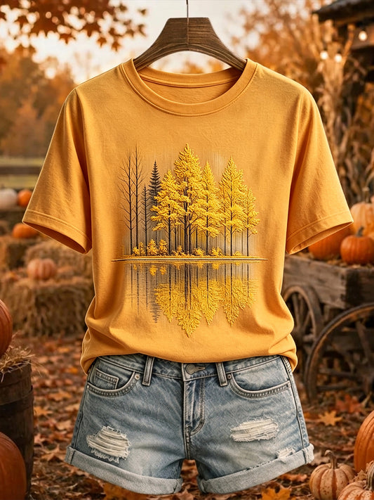 Outono árvores Lake Reflection das mulheres imprimir T-shirt de manga curta confortável