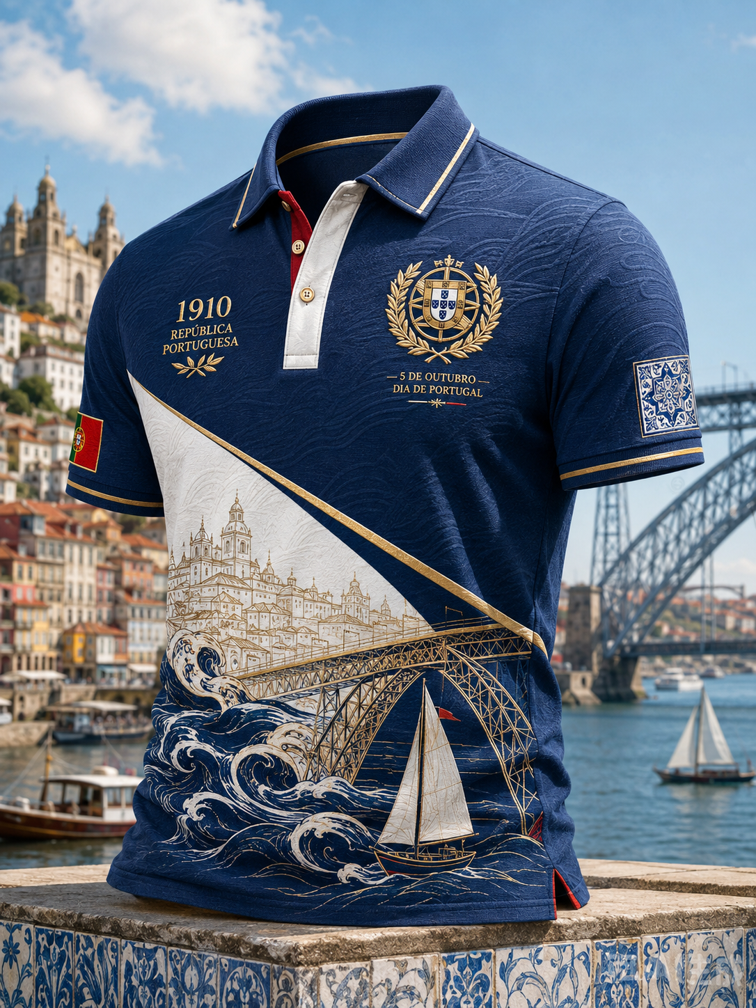Camisa Manga Curta Masculina Dia do Aniversário da República de Portugal