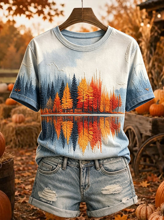Árvores de queda Vintage feminino imprime camiseta de manga curta aconchegante
