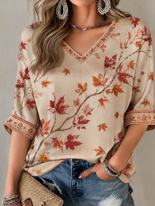 Queda de comprimento médio mangas v-Neck t-shirt feminino