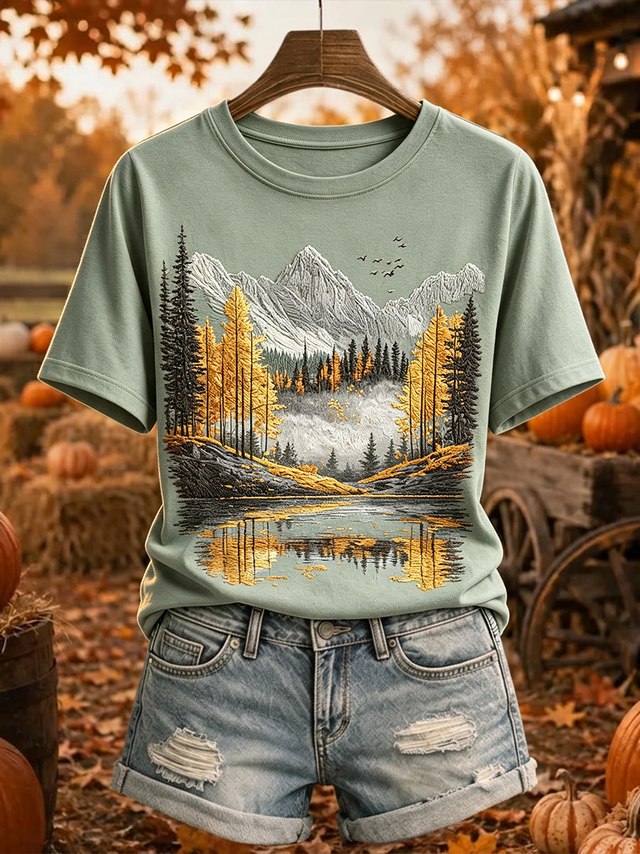 Vintage outono árvore montanha impressão T-shirt de manga curta acolhedor feminino