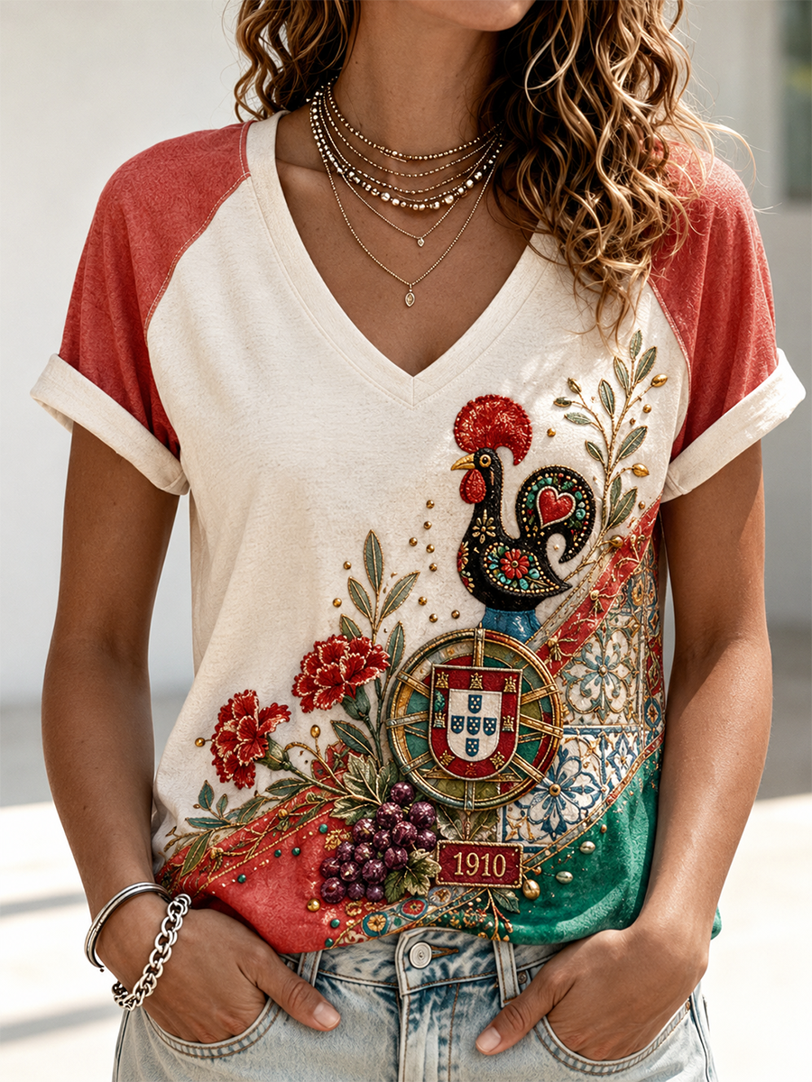 Mulheres A República do Dia do Aniversário de Portugal V-Neck Off-Shoulder Camiseta de manga curta