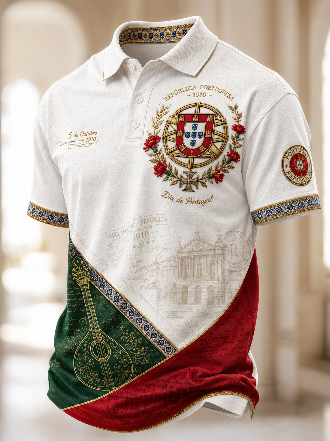 Camisa de Manga Curta Masculina do Dia do Aniversário da República de Portugal