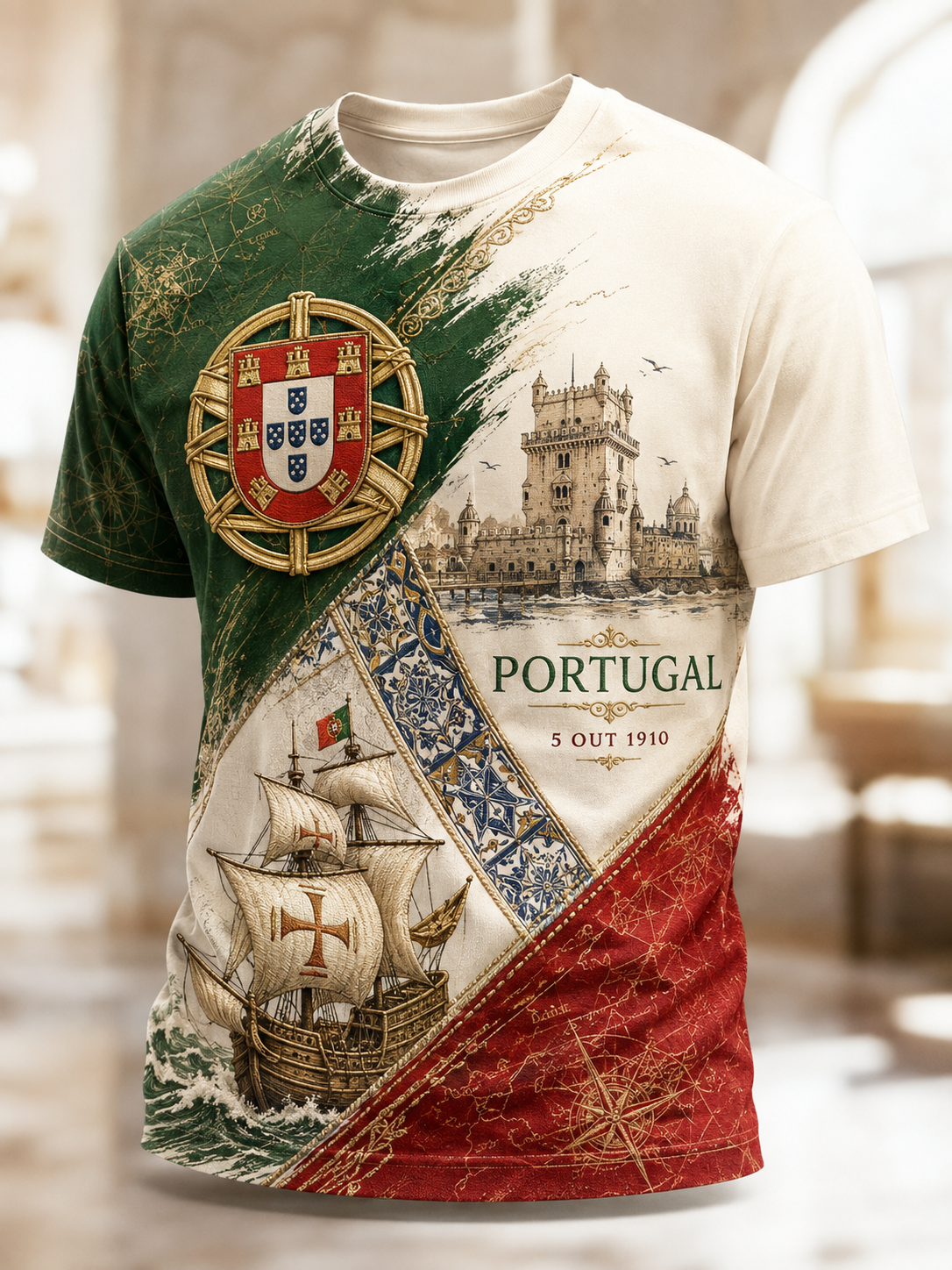 Camiseta masculina de mangas curtas do Dia do Aniversário da República de Portugal