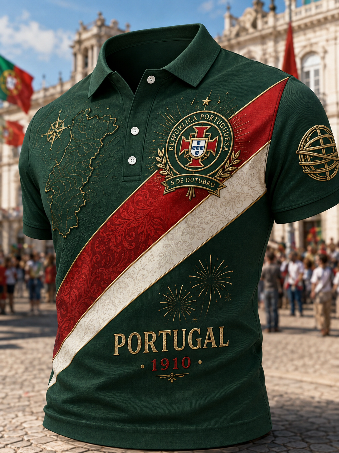 Camisa de Manga Curta Masculina do Dia do Aniversário da República de Portugal