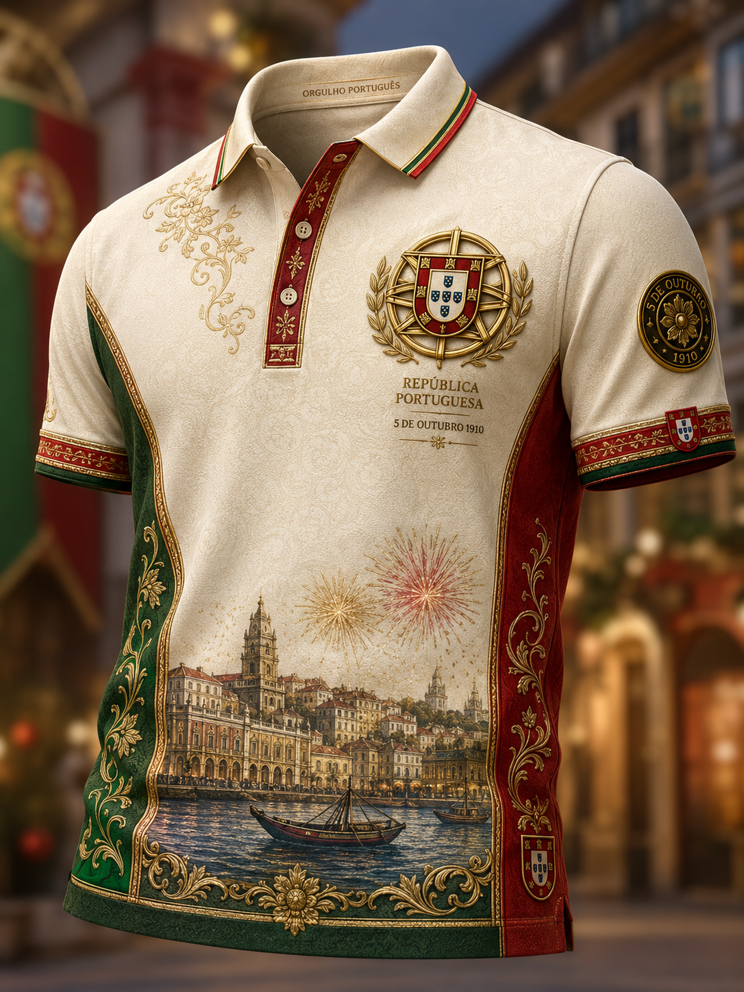 Camisa de Manga Curta Masculina do Dia do Aniversário da República de Portugal