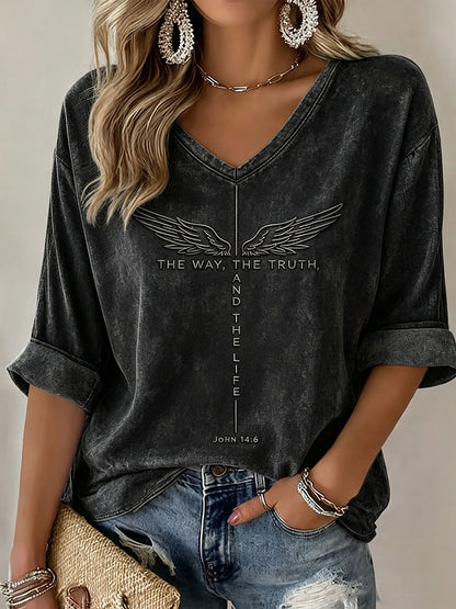 Mulheres o caminho a verdade e a vida Mid-length mangas v-Neck t-shirt