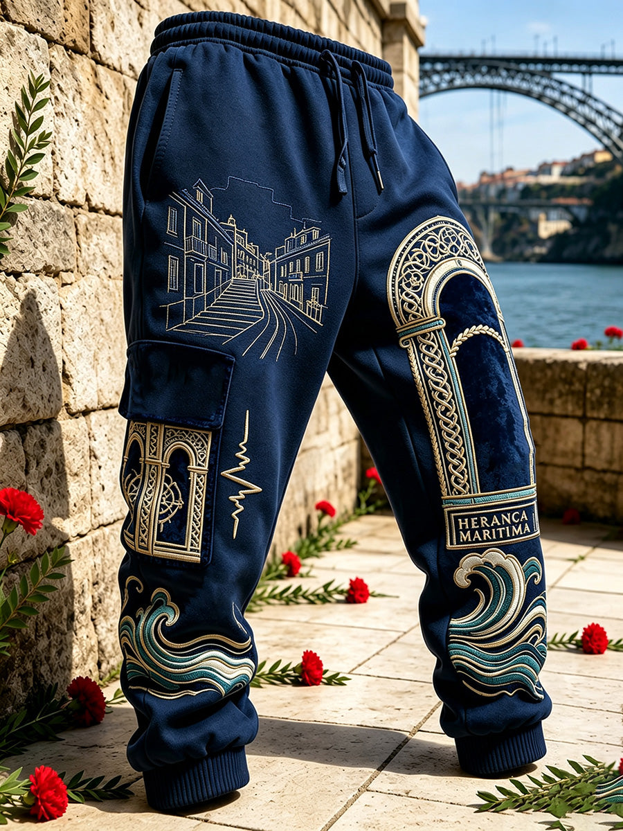 Calças estampadas com tema do aniversário da República Portuguesa, de inspiração masculina