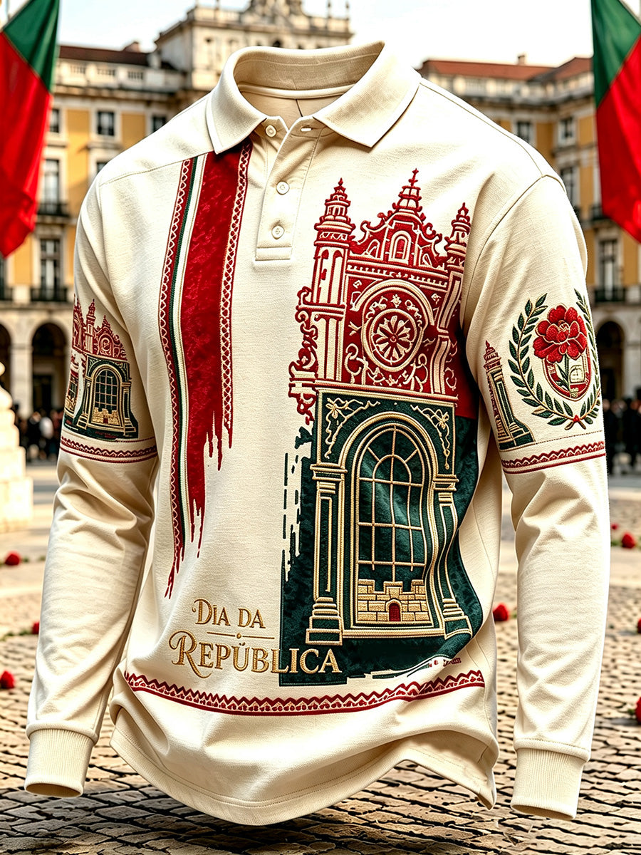 Camisa polo de manga comprida para homens com estampa do aniversário da República Portuguesa