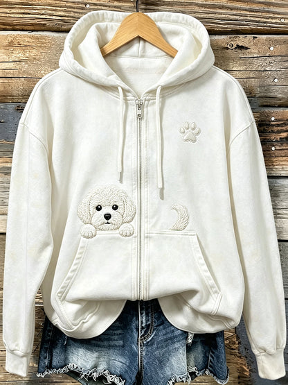 Bonito Espreitar Bichon Frise das mulheres com pata impressão acolhedor Zip-Up Hoodie