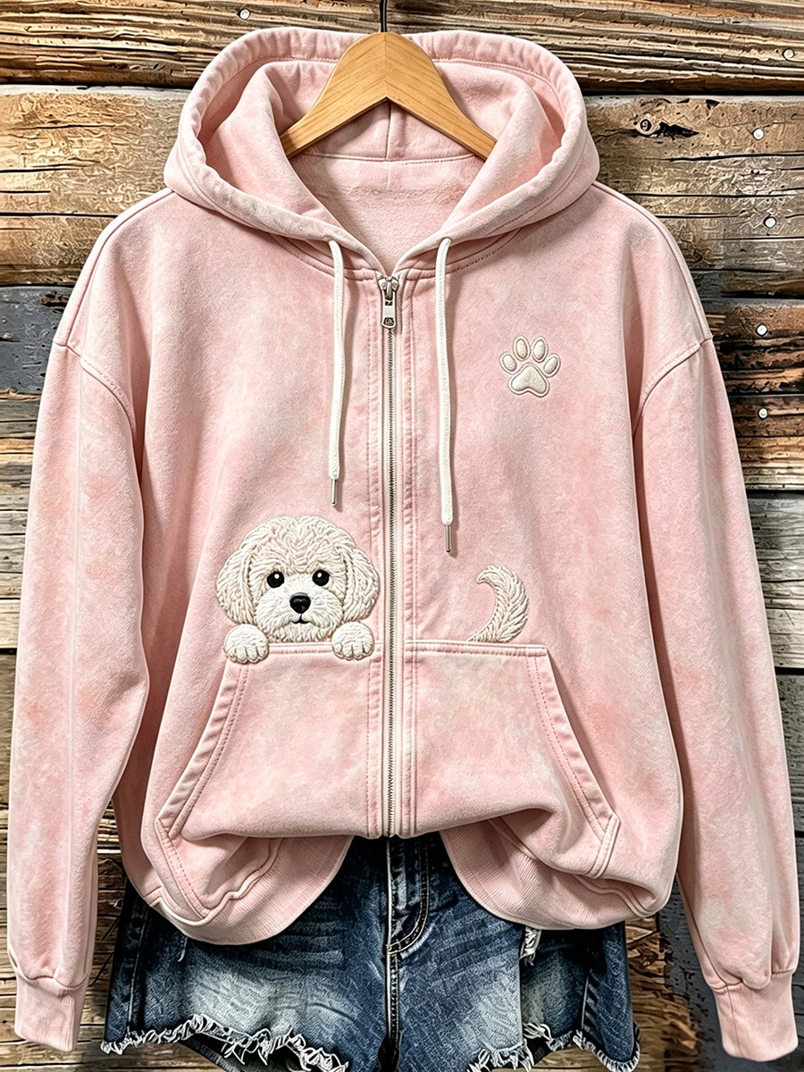 Bonito Espreitar Bichon Frise das mulheres com pata impressão acolhedor Zip-Up Hoodie