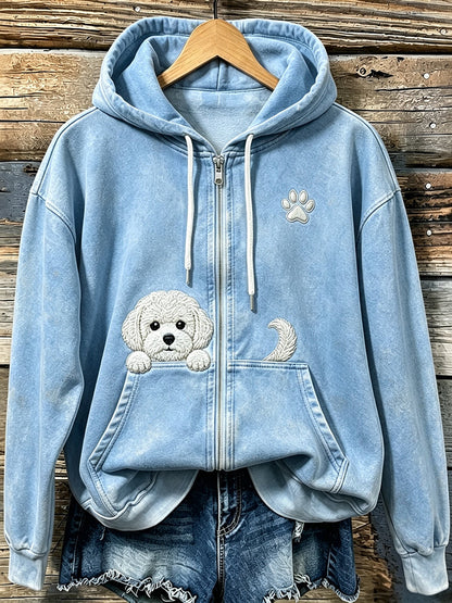 Bonito Espreitar Bichon Frise das mulheres com pata impressão acolhedor Zip-Up Hoodie