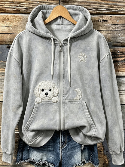 Bonito Espreitar Bichon Frise das mulheres com pata impressão acolhedor Zip-Up Hoodie