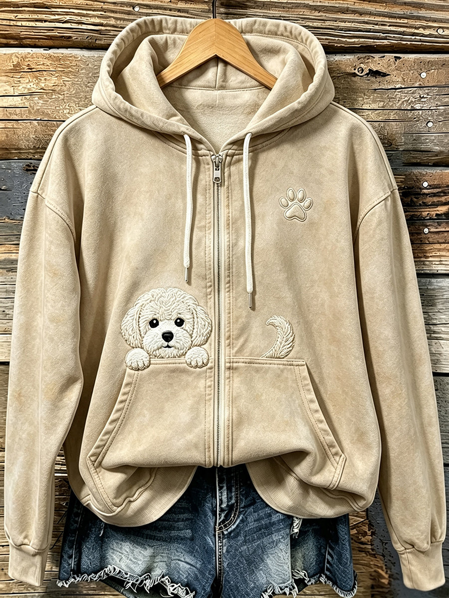 Bonito Espreitar Bichon Frise das mulheres com pata impressão acolhedor Zip-Up Hoodie
