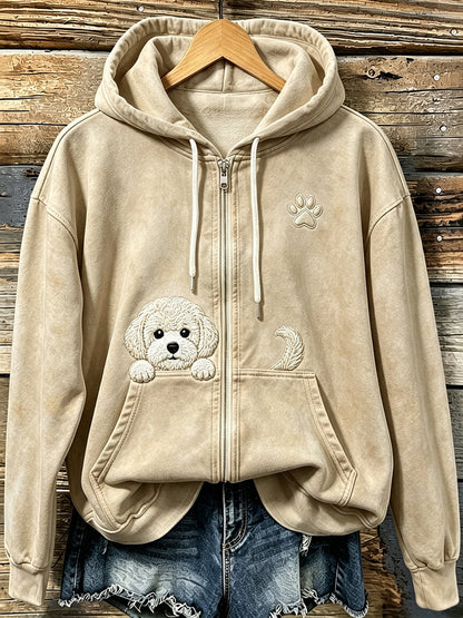 Bonito Espreitar Bichon Frise das mulheres com pata impressão acolhedor Zip-Up Hoodie
