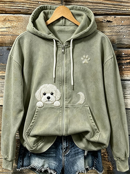 Bonito Espreitar Bichon Frise das mulheres com pata impressão acolhedor Zip-Up Hoodie