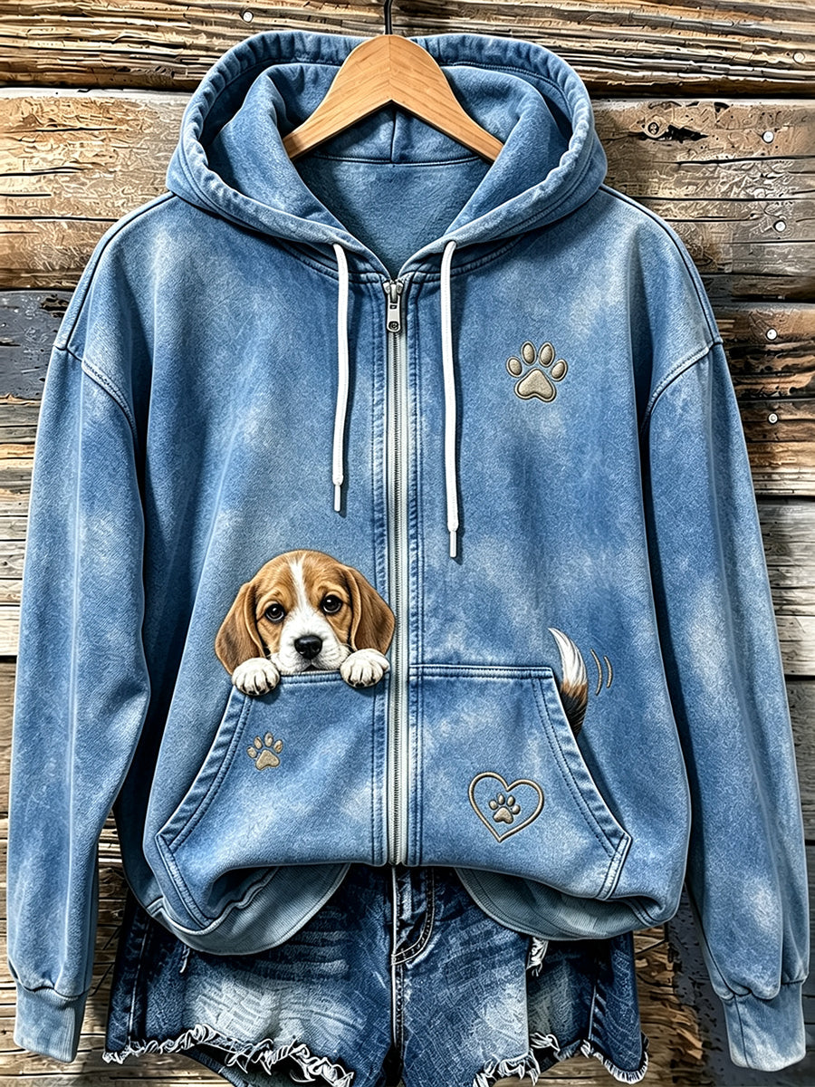 Bonito Beagle Peeking & pata impressão acolhedor Zip-Up Hoodie das mulheres