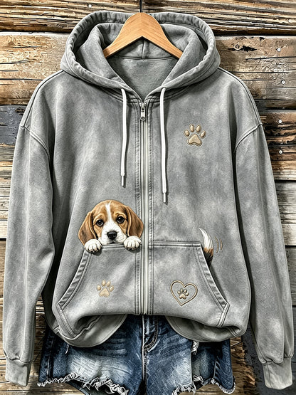 Bonito Beagle Peeking & pata impressão acolhedor Zip-Up Hoodie das mulheres