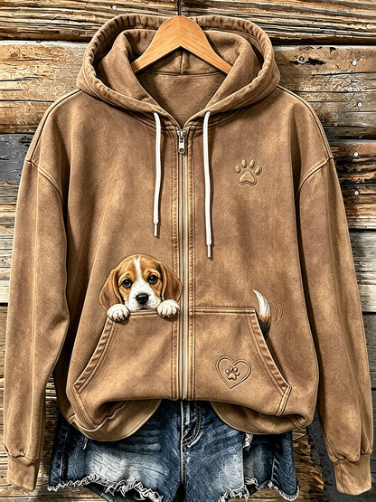 Bonito Beagle Peeking & pata impressão acolhedor Zip-Up Hoodie das mulheres