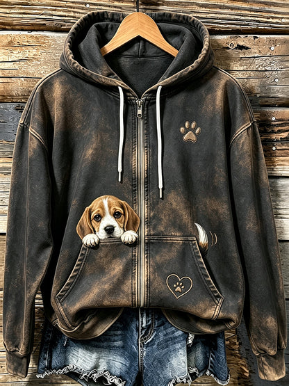 Bonito Beagle Peeking & pata impressão acolhedor Zip-Up Hoodie das mulheres