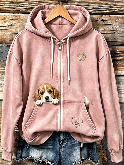 Bonito Beagle Peeking & pata impressão acolhedor Zip-Up Hoodie das mulheres