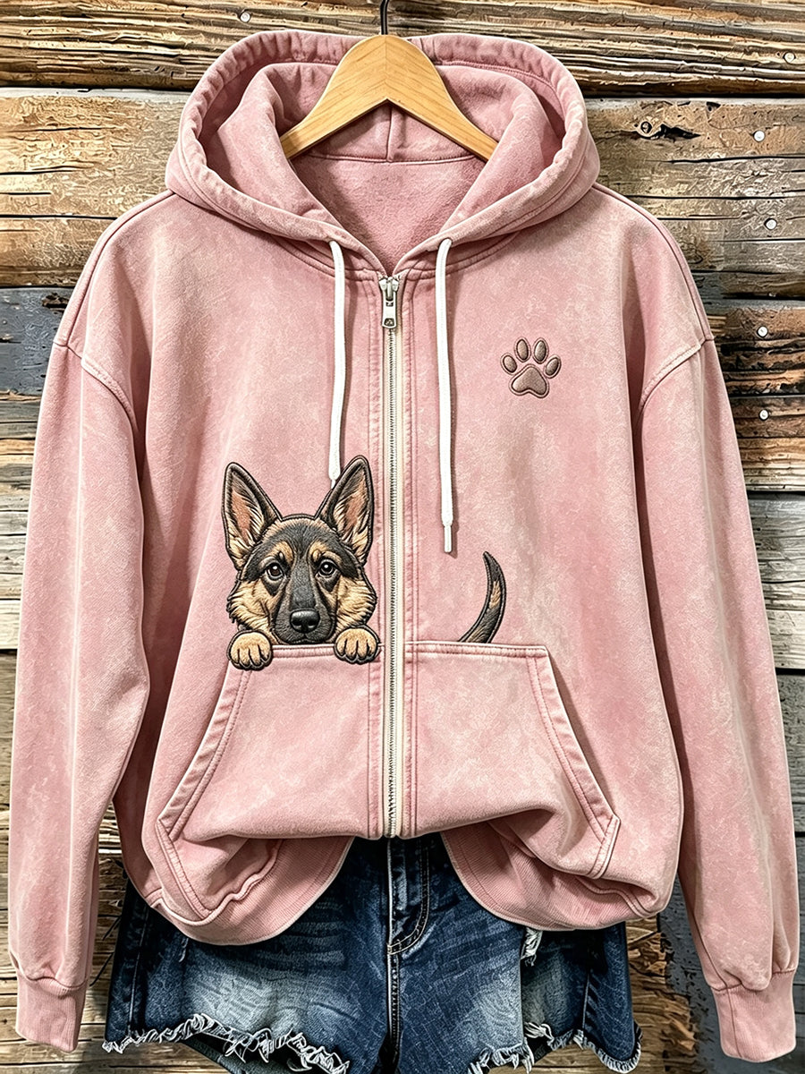 Pastor alemão espreitar bonito das mulheres com Hoodie Zip-Up acolhedor impressão pata