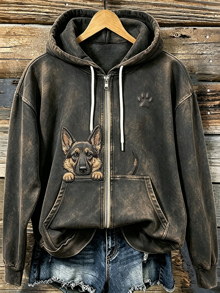 Pastor alemão espreitar bonito das mulheres com Hoodie Zip-Up acolhedor impressão pata